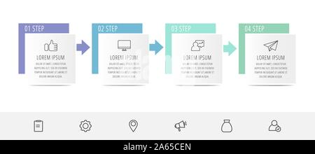 Vector infographic flat template. Rectangles with arrows for four diagrams, graph, flowchart, timeline, marketing, presentation. Business concept with Stock Vector