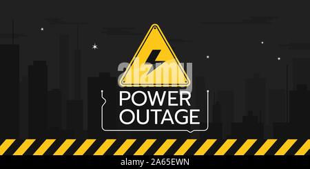 The banner of a power outage with a warning sign the one is on the background of the night city without electricity. Stock Vector