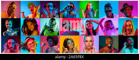 Close up portrait of young people in neon light. Human emotions, facial expression. People, astonished, screaming and crazy in happiness. Creative bright collage made of different photos of 15 models. Stock Photo