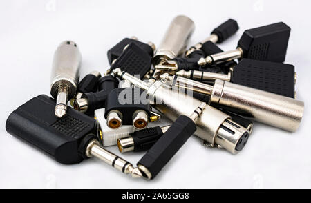 Audio connectors type jack, mini jack, rca, mono, stereo, xlr, converters and signal duplicator Stock Photo