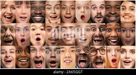 Close up portrait of young people. Human emotions, facial expression. People wondered, astonished, screaming and crazy in happiness, thinking. Creative collage made of different photos of 26 models. Stock Photo