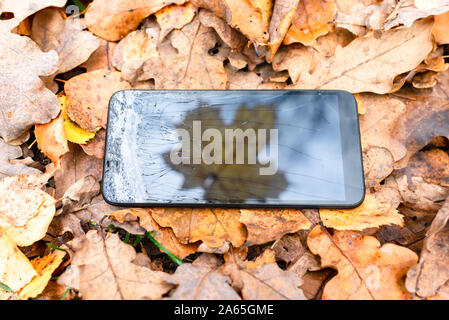 Broken touch phone on a background of autumn leaves on the grass.silhouette maple leaf, autumn concept. Stock Photo