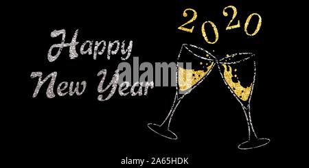 Two glasses of champagne and the words Happy New Year 2020 with glitter effect, vector illustration Stock Vector