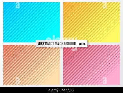 Set of striped fading line pattern diagonal on blue, yellow, orange, pink background and texture. Vector illustration Stock Vector