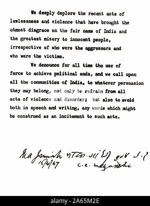 Appeal for peace signed by Muhammad Ali Jinnah Mahatma Gandhi, Delhi, India, Asia, April 15, 1947 Stock Photo
