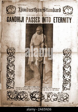 Mahatma Gandhi news on front page of Hindustan Standard newspaper, Calcutta, India, February 2, 1948 Stock Photo