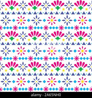 Mexican seamless textile vector pattern with flowers and abstract shapes, floral folk art decorations from Mexico Stock Vector