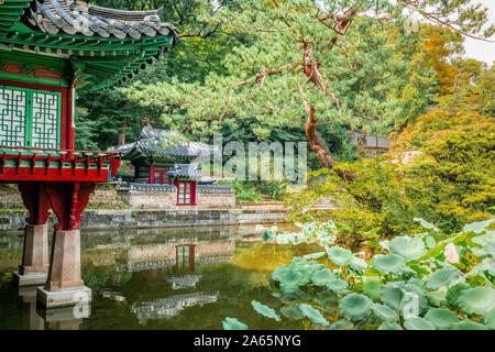 Huwon secret garden view at Changdeokgung Palace with view of Buyongji pond and Buyongjeong pavilion in Seoul South Korea