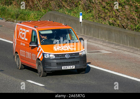 2017 orange RAC VW Volkswagen Transporter T32 Stln TDI B; UK Vehicular traffic, transport, modern, saloon cars, south-bound on the 3 lane M6 motorway highway. UK Stock Photo