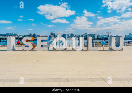 Seoul Korea , 23 September 2019 : I Seoul U sign on Han riverside Yeouido Hangang park in Seoul South Korea Stock Photo