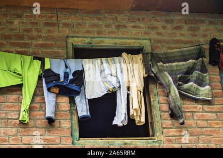 Clothes hanging for drying, Dawar village, Gurez, Bandipora, Kashmir, India, Asia Stock Photo