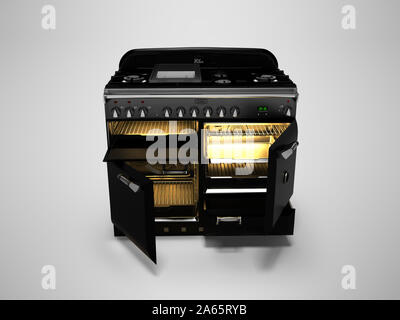 Gas stove included with open doors of electric furnace isolated 3d render on gray background with shadow Stock Photo