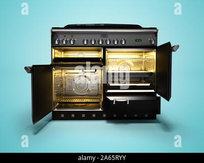 Gas stove included with open doors of electric oven front view 3d render on blue background with shadow Stock Photo