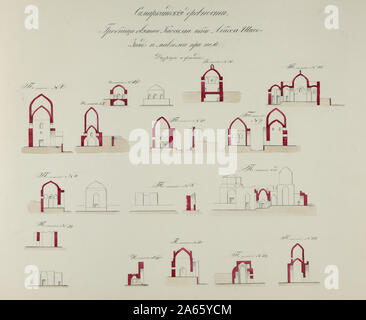 Antiquities of Samarkand Tomb of Saint Kusam-ibn-Abbas (Shah-i Zindah) and Adjacent Mausoleums Sections and Elevations Stock Photo