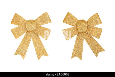Set of golden color decorative shiny glitter paper bow isolated Stock Photo