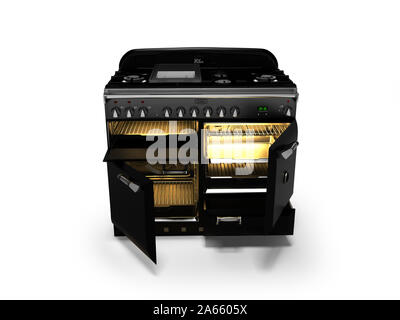 Gas stove included with open doors of electric furnace isolated 3d render on white background with shadow Stock Photo