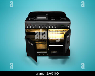 Gas stove included with open doors of electric furnace isolated 3d render on blue background with shadow Stock Photo