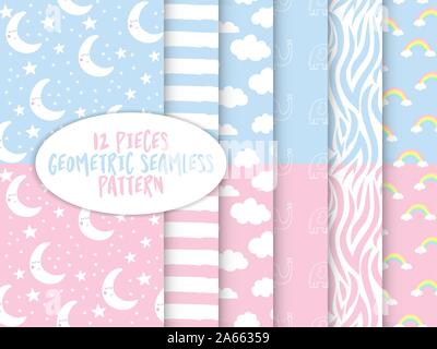 beautiful baby wallpaper for boys and baby girls - pattern design for kids nursery - funny hand drawn doodle, seamless pattern. 12 pieces big bundle. Stock Vector