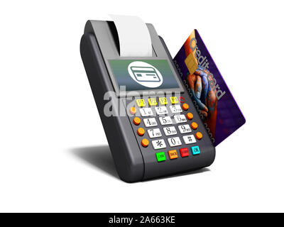 Payment of goods by the terminal with credit card 3d render on white ...