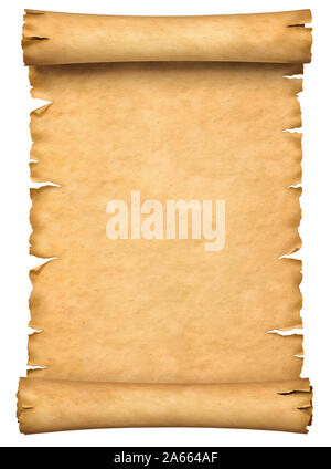 Old paper manuscript or papyrus scroll vertically oriented isolated on white background. Stock Photo