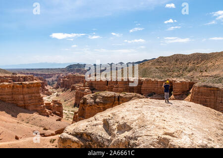 Charyn National Park Sharyn Canyon Breathtaking Picturesque High Angle View of Rock Valley of Castles while a Boy is Making a Picture Stock Photo