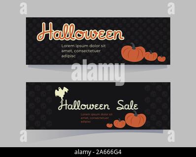 Set of patterns for Halloween. Horizontal covers or postcards in cartoon style turtles, pumpkins on a black background. Party invitation or discount b Stock Vector