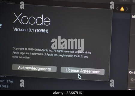 Bishkek, Kyrgyzstan - January 17, 2019: License Agreement of Xcode software for develop ios apps Stock Photo