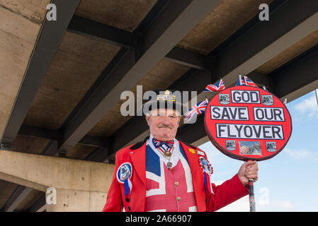 Man dressed as John Bull protests under the Perry Barr flyover in Perry Barr, Birmingham which the council is threatening to close and demolish. Stock Photo