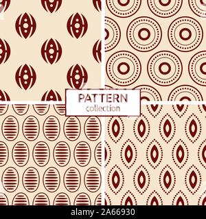 Set of four abstract seamless geometric patterns of regularly repeating geometric shapes. Aboriginal painting style. Doodle sketch style. Tribal. Stock Vector