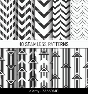 Set of ten seamless patterns. Abstract geometrical trendy vector monochrome backgrounds. Rhythmic structure of herringbone. Patterns of triangles. Stock Vector