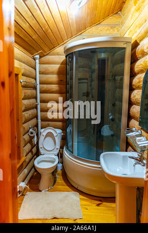 Bathroom With Shower Cabin Tile Floor And Walls Stock Photo