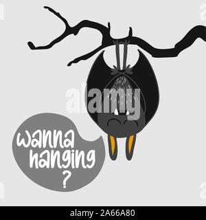 Wanna hanging?  Cute bat. Halloween overlays, lettering labels design. Retro badge. Hand drawn isolated emblem with quote. Halloween party sign/logo. Stock Vector