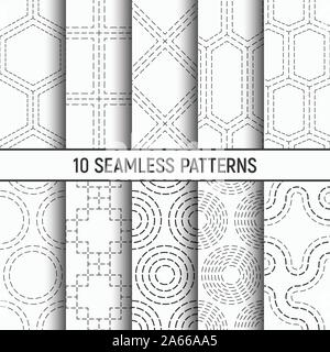 Set of ten monochrome seamless dotted patterns. Abstract vector backgrounds. Repeating geometric tiles with dotted hexagons, squares, lines, circles. Stock Vector