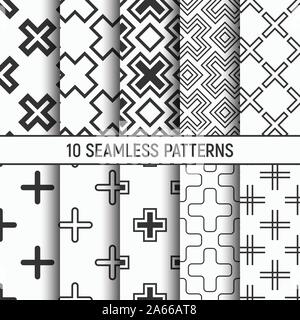 Set of ten monochrome seamless patterns. Abstract geometrical vector backgrounds. Modern stylish textures of plus signs, X-sign, crosses. Stock Vector