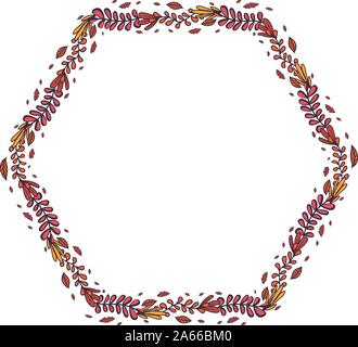 Retro hand drawn set with autumn leaf in hexagon wreath for concept design.Vector botanical drawing. Autumn composition. Stock Vector