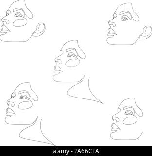 One line girl or woman portrait design set. Hairstyle, fashion concept, woman beauty minimalist, vector illustration for t-shirt. Slogan design print Stock Vector