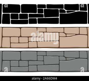 Set of 3 kinds of seamless stone wall textures, isolated on white background. Brick texture backgrounds, stones patterns. Vector illustration. Stock Vector