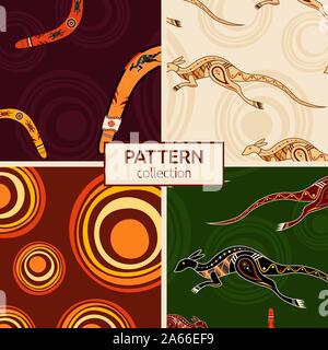 Set of four seamless fashion colorful australian patterns. Australian art. Aboriginal painting style, aboriginal ornament. Animals of Australia. Stock Vector