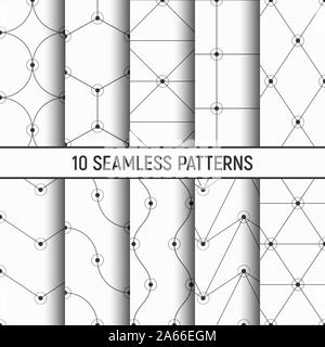 Set of ten monochrome seamless patterns. Abstract trendy vector backgrounds. Modern stylish textures. Geometric grid. Dots connected with lines. Stock Vector