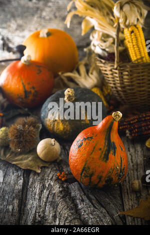 Thanksgiving day dinner. Autumn fruit with leaves. Thanksgiving autumn background Stock Photo