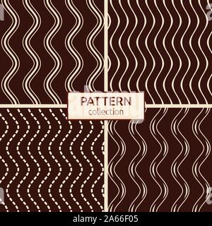 Set of four abstract seamless geometric patterns of beige vertical wavy lines, smooth bends on brown background. Aboriginal painting style. Doodle. Stock Vector