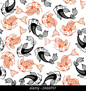 Japanese Carp Koi Seamless Vector Pattern. Asian Traditional Outline Fishes. Decorative Texture for Scrapbook Paper. Cover Design for Sushi Restaurant Menu Stock Vector