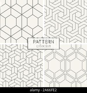 Set of four seamless patterns. Abstract geometric trendy vector backgrounds. Modern stylish textures of hexagons. Repeating geometric hexagonal grid. Stock Vector