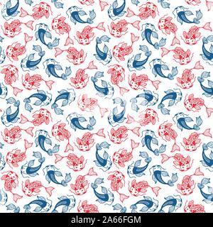 Japanese Carp Koi Seamless Vector Pattern. Asian Traditional Outline Fishes. Decorative Texture for Scrapbook Paper. Cover Design for Sushi Restaurant Menu Stock Vector