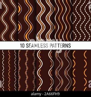 Set of ten seamless geometric patterns of beige and yellow vertical wavy lines, smooth bends on brown background. Aboriginal ornaments. Stock Vector