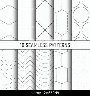 Set of ten monochrome seamless dotted patterns. Abstract vector backgrounds. Repeating geometric tiles with dotted hexagons, squares, lines, circles. Stock Vector