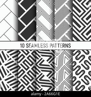 Set of ten monochrome seamless patterns. Abstract geometrical trendy vector backgrounds. Fashion design. Repeating geometric tiles. Stock Vector