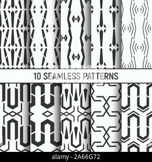 Set of ten monochrome seamless patterns. Abstract geometrical vector backgrounds. Modern stylish textures of repeating geometric tiles. Stock Vector