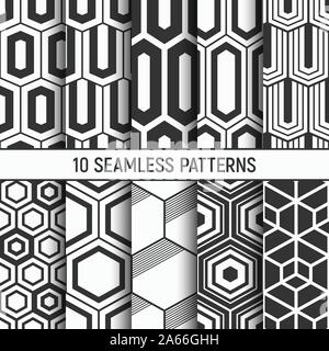 Set of ten monochrome hexagons seamless patterns. Abstract geometrical trendy vector backgrounds. Fashion design. Modern stylish texture of trellis. Stock Vector