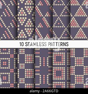 Set of ten seamless vector patterns of dotted triangles, squares. Modern stylish textures. Contemporary graphic design. Small circles. Stock Vector